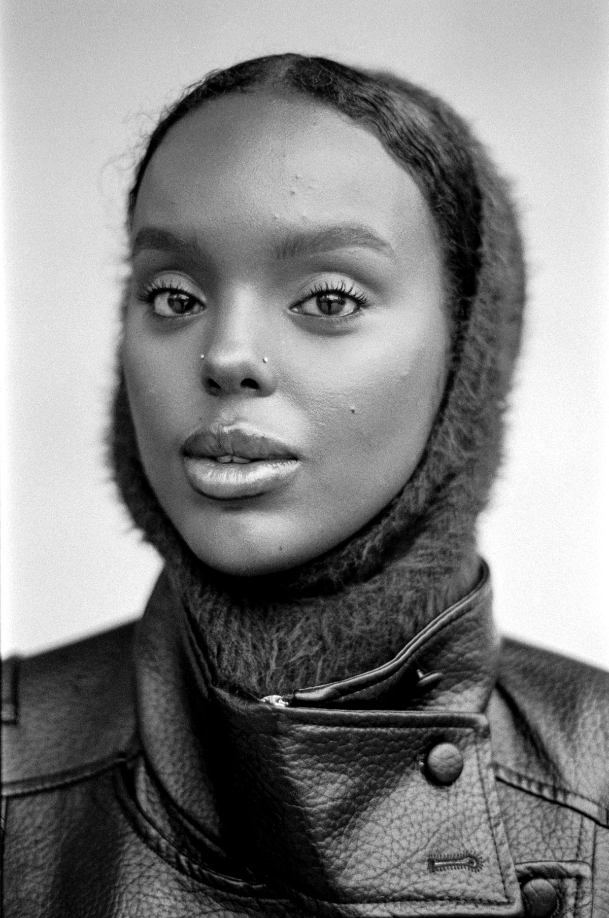 Street style portrait in monochrome with authentic film grain
